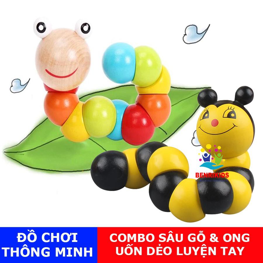 Bộ 2 Con Sâu Và Con Ong Uốn Dẻo Bằng Gỗ Nhiều Màu Sắc Cho Bé