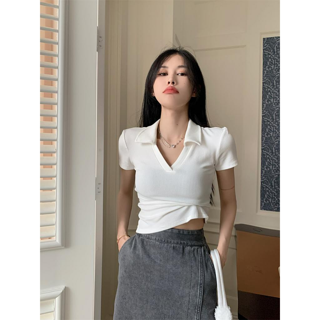 Áo Thun polo Dệt Kim Cổ V Dáng Ôm Ngắn Tay Thời Trang Retro Sành Điệu 63143