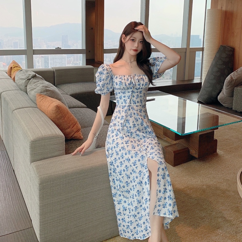 Đầm PERTY trễ vai tay phồng họa tiết hoa phong cách Pháp thời trang mùa hè cho nữ