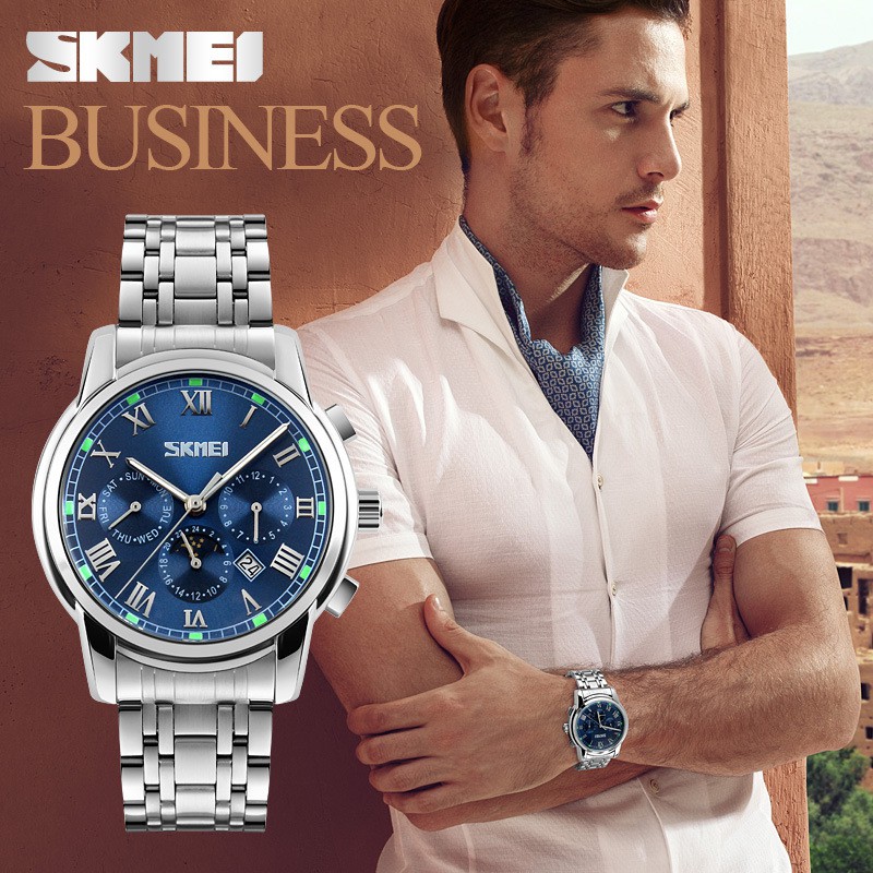 Đồng hồ thời trang nam cao cấp SKMEI 9121 (dây khớp thép không rỉ, chạy kim, chống nước 3ATM)