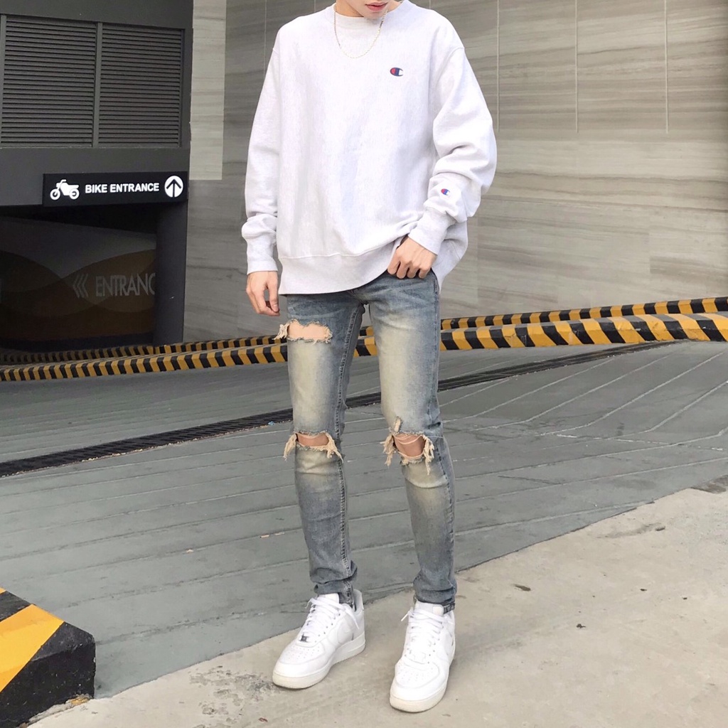 Quần jean nam streetwear cao cấp FNOS NZ10 màu xanh rách gối form slimfit jean thun co giãn | BigBuy360 - bigbuy360.vn