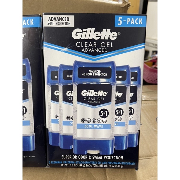 Lăn khử mùi GILLETTE Clear Gel Advanced 5in1 của Mỹ, Lốc 5 cây x 107 g