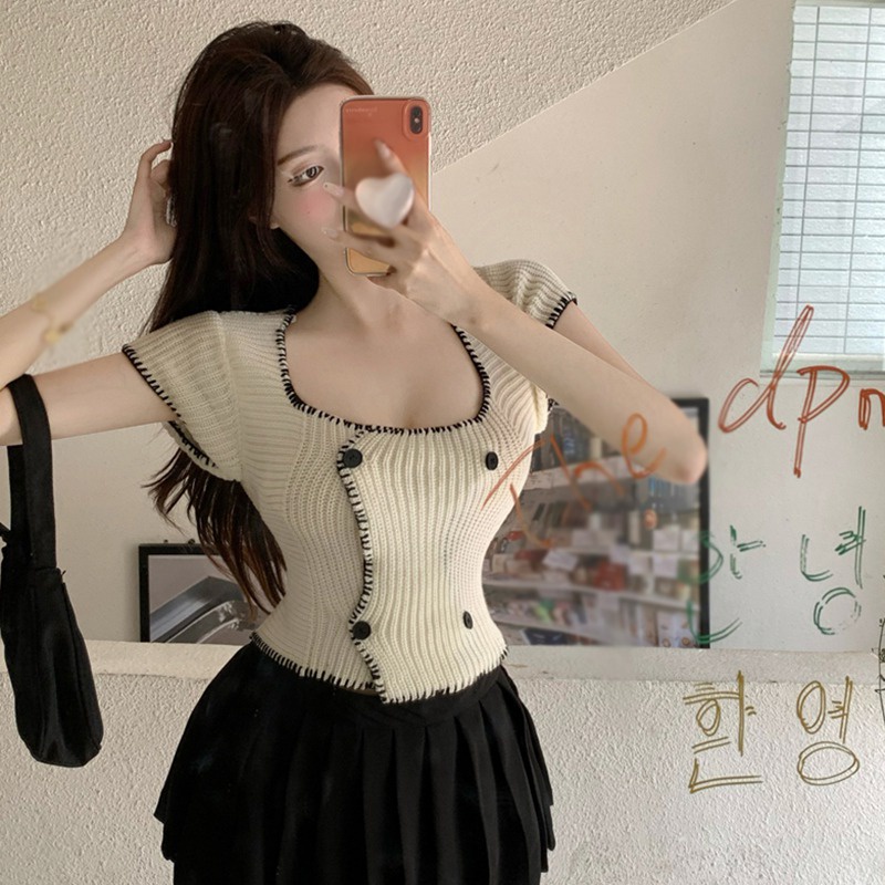 Áo Croptop Dệt Kim Tay Ngắn Màu Sắc Tương Phản Cột Dây Phong Cách Hàn Quốc Thời Trang Mùa