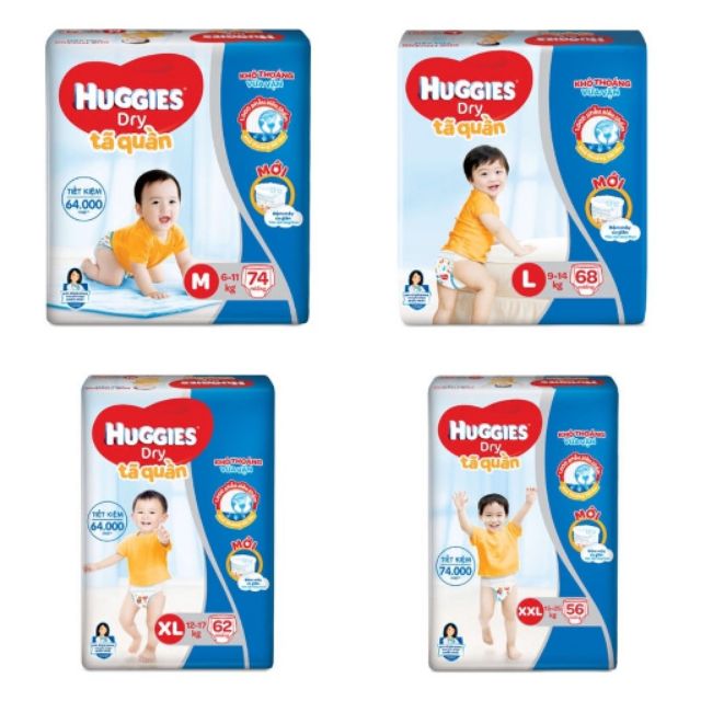 Bỉm huggies quần size M74/L68/Xl 62/XXL56( hàng tặng 8 miếng)