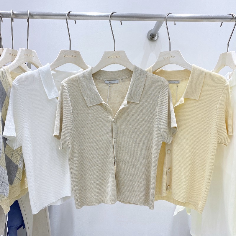 Xiaozhainv Áo Cardigan Dệt Kim Tay Ngắn Dáng Rộng Cổ Polo Phong Cách Hàn Quốc Có 3 Màu Cho Nữ