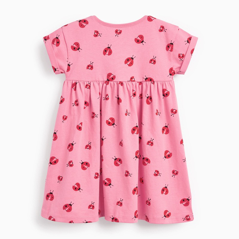 Váy mùa hè Little maven màu hồng váy cộc tay bé gái cotton họa tiết bọ cánh cứng ngộ nghĩnh