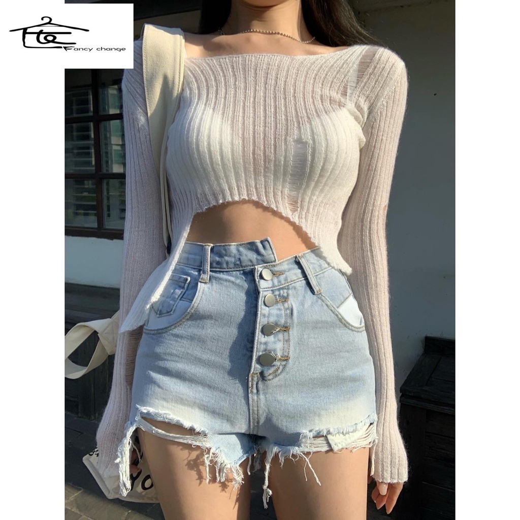 Quần Short Denim Rách Lưng Cao Ống Rộng Thời Trang Mùa Hè Dành Cho Nữ