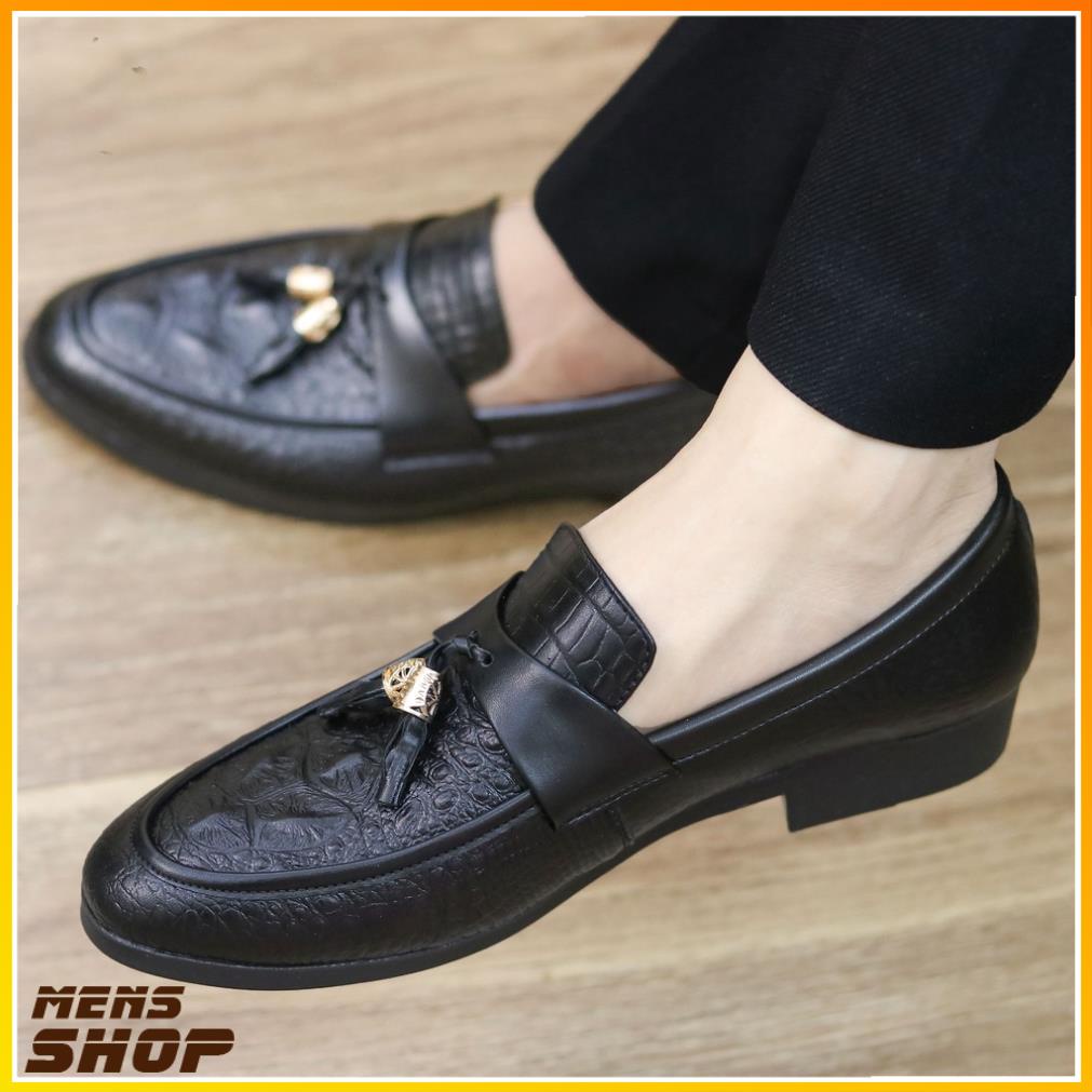 Giày Lười Nam Da Lì Dập Vân Cá Sấu Chuông Vàng