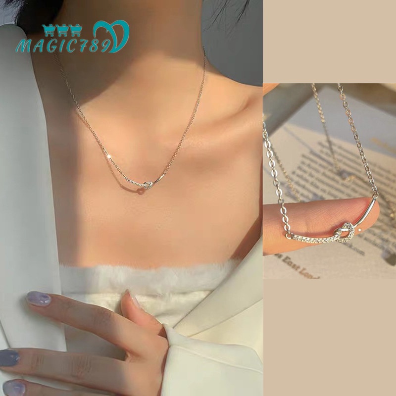 Magic789 Thời trang Đá Zircon Nút thắt Mặt cười Mặt dây chuyền Vòng cổ cho Phụ nữ Bạc Hàn Quốc Dây chuyền xương đòn dây chuyền trang sức
