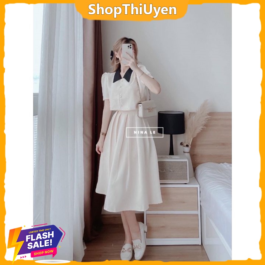 Set tiểu thư Hàn Quốc thanh lịch, áo kiểu nữ cổ bẻ tay ngắn, set vải tapta sang chảnh, chân váy xòe dài xếp ly qua gối