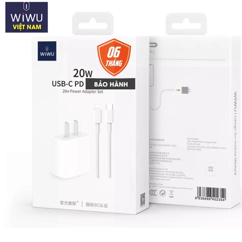 Bộ củ cáp sạc nhanh 20W WIWU PD Adapter set cho Smart phone 12, 13, 14 Pro Max – Bảo hành 12 tháng