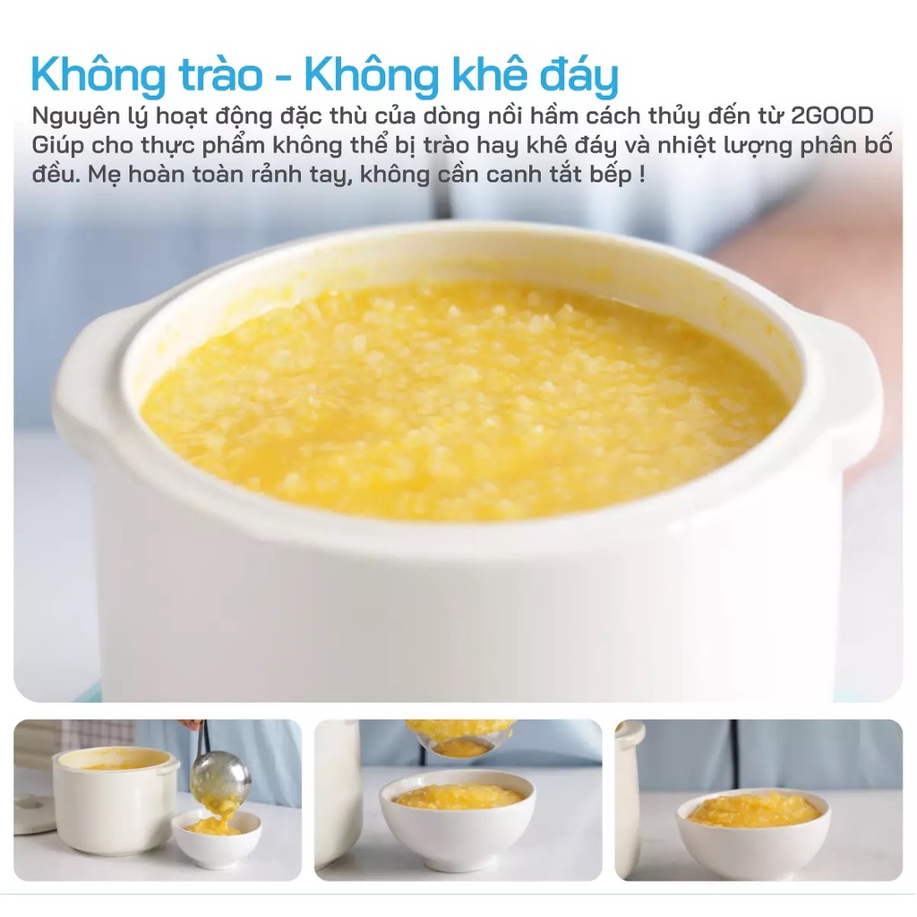 Nồi nấu cháo chậm 2 tầng cho bé, nồi hầm cháo cách thủy 2GOOD 1.5 Lít - 1.6 lít chất liệu niêu gốm - HAPOS