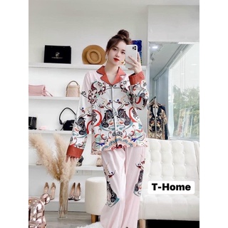 Bộ ngủ lụa xước tdqd hoạ tiết hoa văn có viền nâu cao cấp