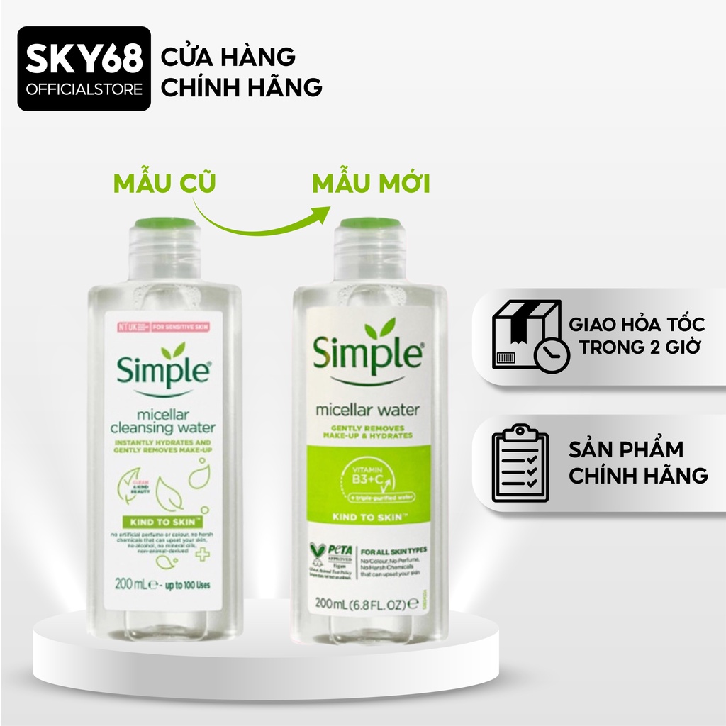 [Mẫu mới] Nước Tẩy Trang Simple Dịu Nhẹ Kind To Skin Micellar Water 200ml