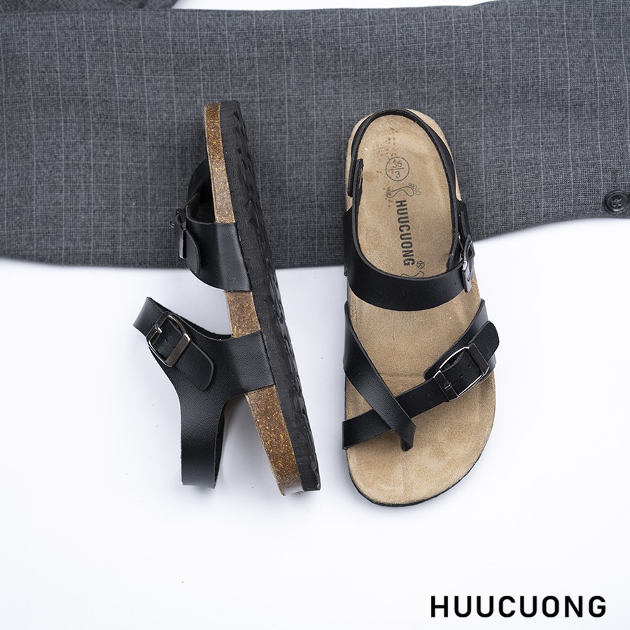 Giày sandal unisex HuuCuong xỏ ngón đen đế trấu handmade