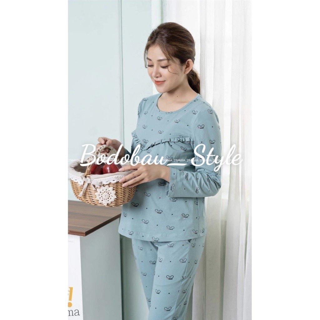 Bộ Đồ Bầu Sau Sinh họa tiết GẤu dài tay chất cotton đẹp,  kéo khoá ngang cho Mẹ Tiện lợi cho con bú  BD900