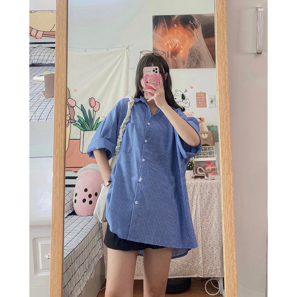 Áo sơ mi tay lỡ kẻ sọc chất thô mềm, áo sơ mi kiểu dáng oversize Hàn Quốc - Xưởng May Hạnh Hồng | BigBuy360 - bigbuy360.vn