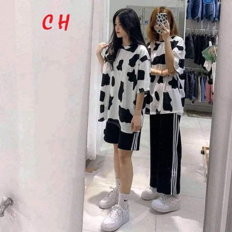 sét áo thun tay lỡ loang bò sữa cotton + quần đùi trơn ba sọc và quần ống rộng