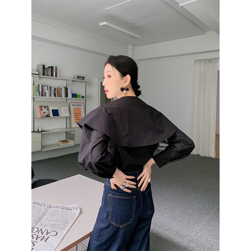 Áo sơ mi đen tay dài phối bèo in hình thỏ dễ thương phong cách retro Hàn Quốc