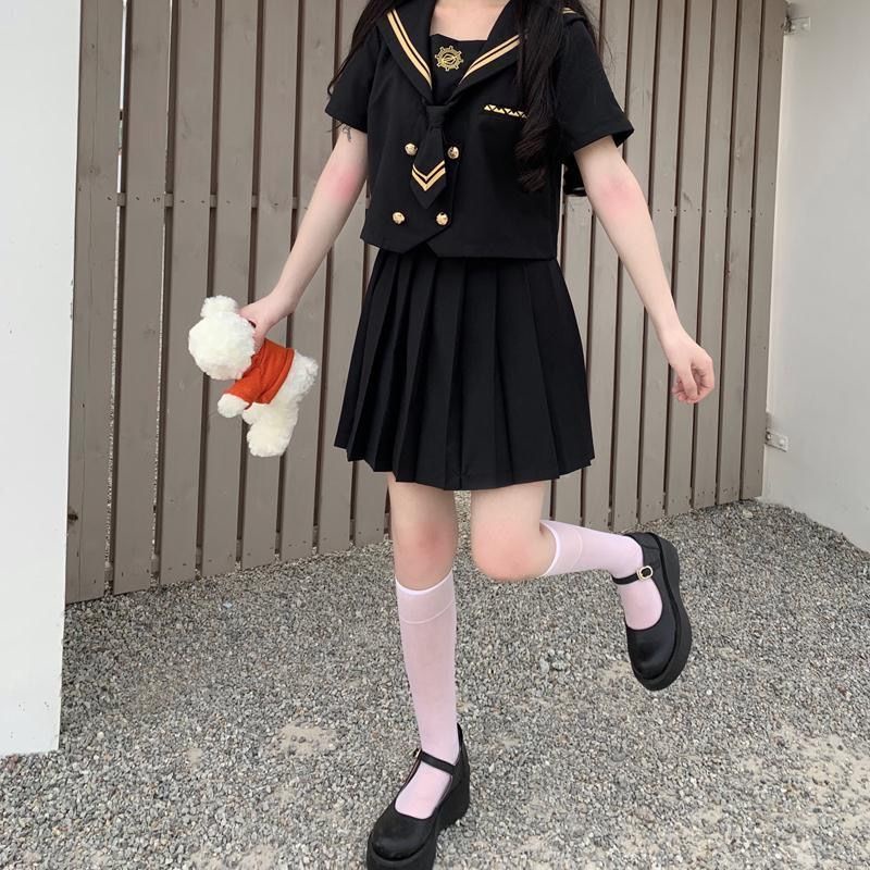Bộ Đồng Phục Học Sinh Gồm Áo Cổ Thủy Thủ + Chân Váy Xếp Ly Kẻ Sọc Caro Phong Cách Goth JK