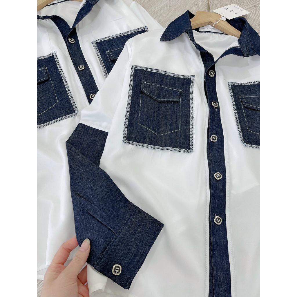Áo sơ mi trắng nữ dáng rộng phối bò  chất thô mềm mại cá tính SM029 | BigBuy360 - bigbuy360.vn