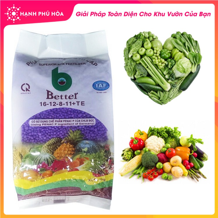 Phân Bón Hữu Cơ Cao Cấp Chuyên Rau Sạch, Cây Ăn Trái(Tím)16-12-8-11S+TE 1kg- Giúp Đâm Chồi, Phát Triển Cành Lá, Kết Trái