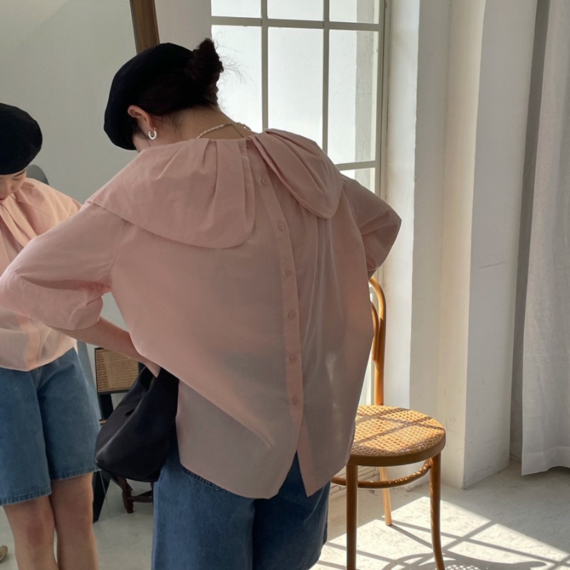 Áo sơ mi cổ bèo ngắn tay tiểu thư dáng rộng thiết kế Hàn Quốc siêu xinh mềm mát