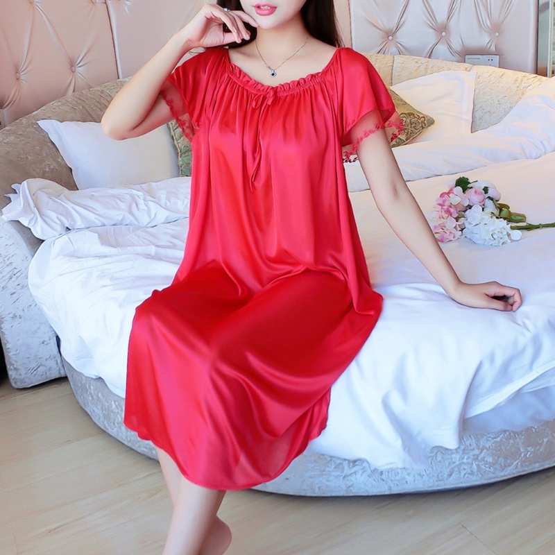Đầm Ngủ Lụa Lạnh Tay Ngắn Dáng Rộng Phối Ren Plus Size XL Dành Cho Nữ