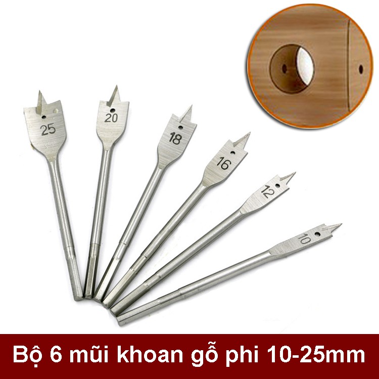 Bộ 6 mũi khoan gỗ khoét lỗ đuôi cá size từ 10-25mm