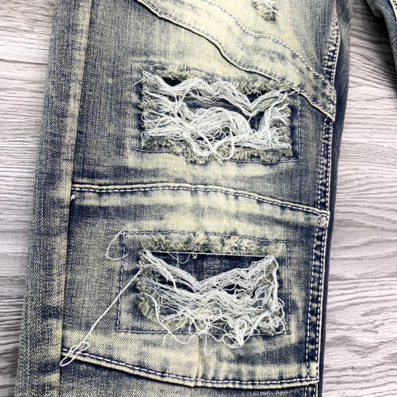 Quần jean bò nam skinny wash bụi bặm khoá zip dọc đùi phối gối rách tua chỉ phong cách đường phố QJ139P