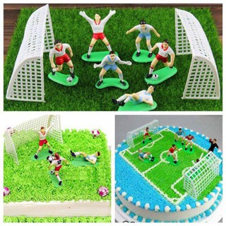 Bộ 8 mô hình cầu thủ bóng đá và cổng, mô hình đội bóng trang trí bánh kem