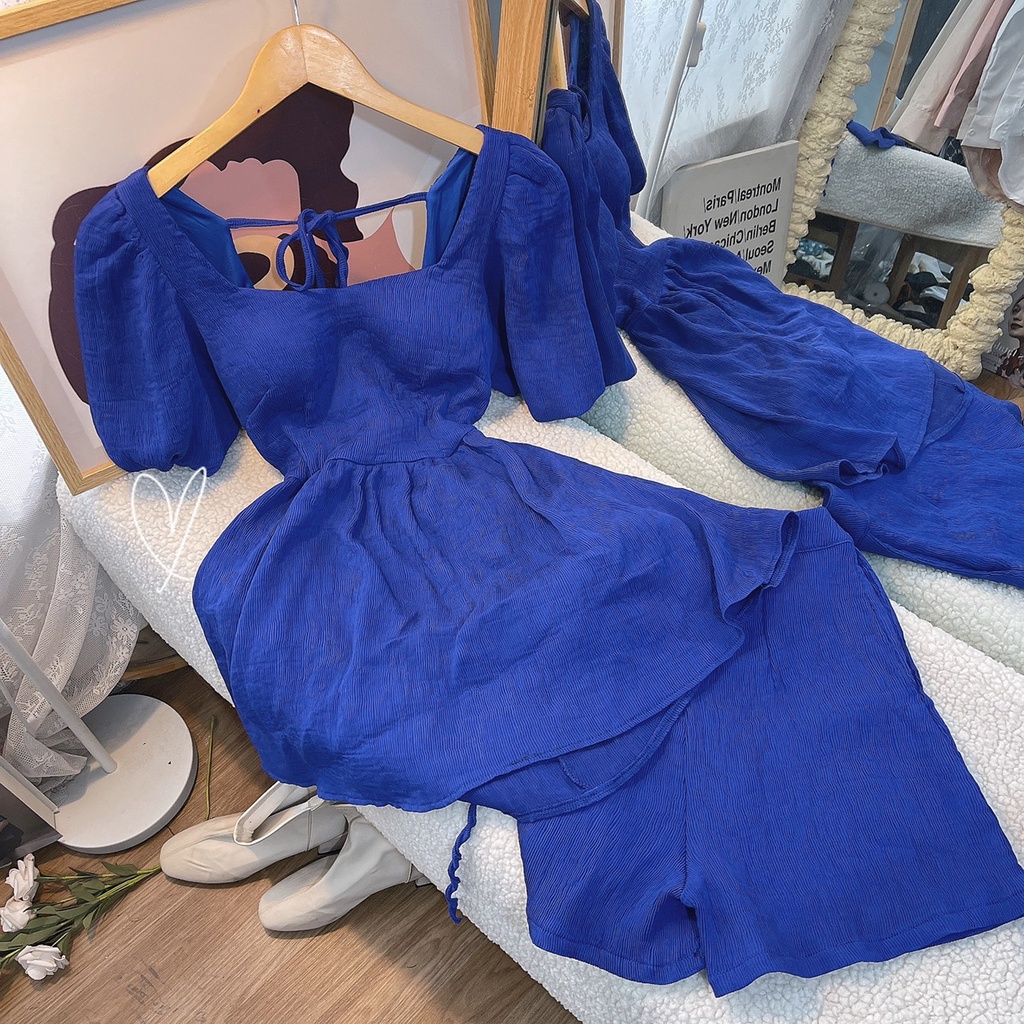 SET ÁO BBD NƠ LƯNG XANH + SHORT