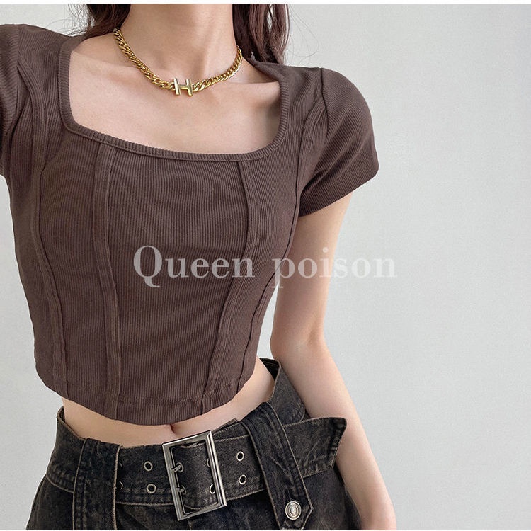 Áo thun COZOK tay ngắn cổ vuông thiết kế ôm phong cách cổ điển thời trang