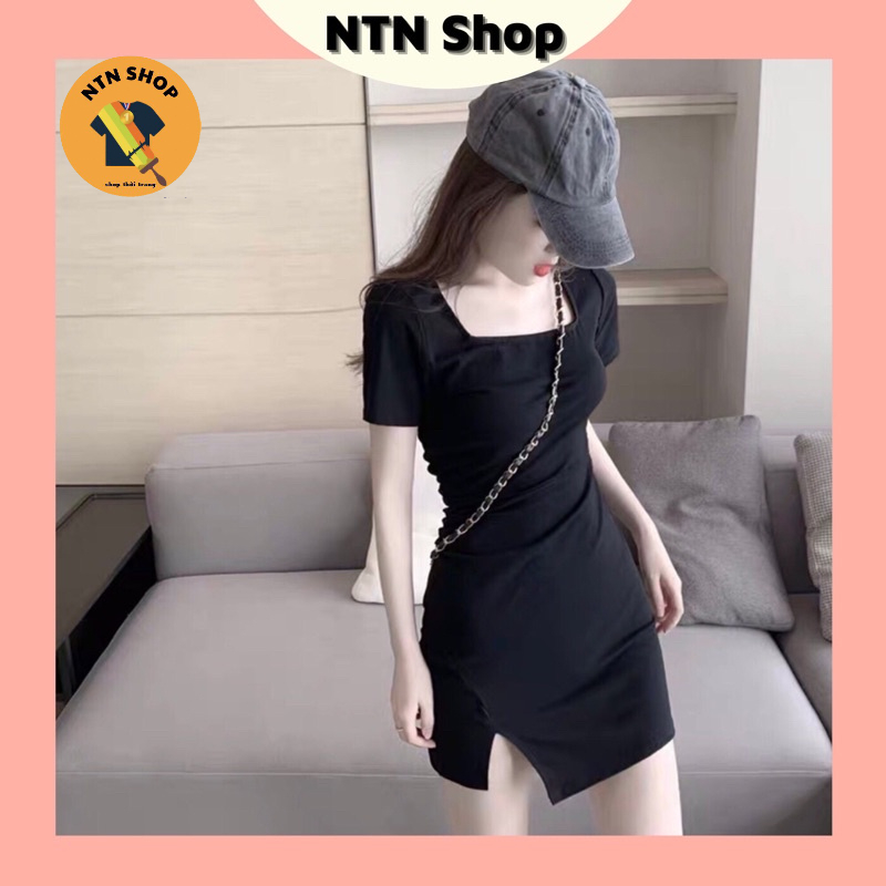 Đầm cổ vuông body tay ngắn xẻ trước(a4)