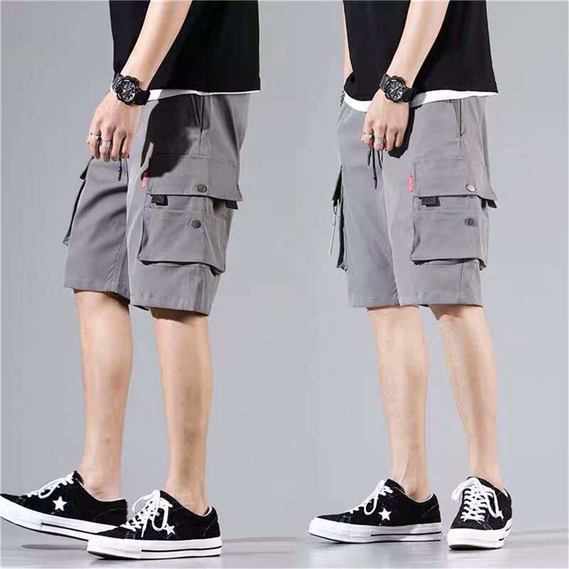 [rogoldVN]Mens Shorts Bermuda Cargo Multi-Pocket Pants Elastic Waist Knee Length Short