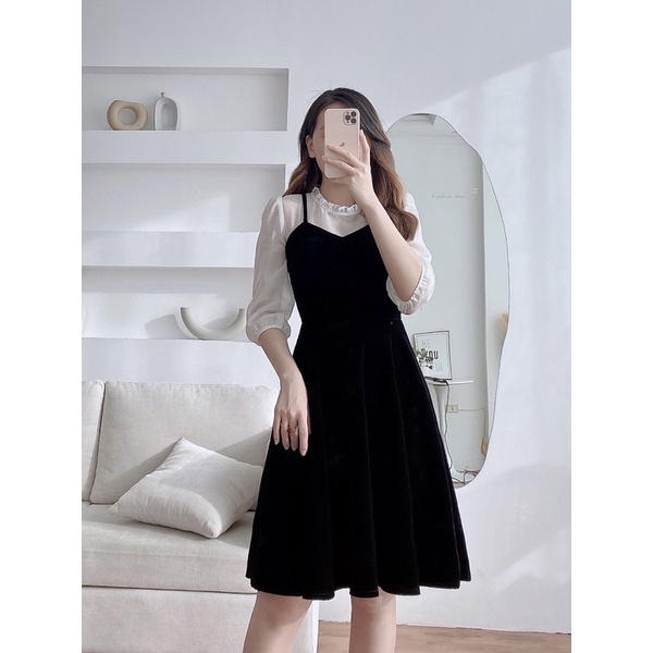 váy yếm nhung xoè phối tơ mềm mịn đứng dáng