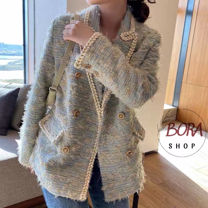 Áo khoác dạ tweed nữ Ulzzang Hàn Quốc BORA SHOP cổ vest túi ngực order