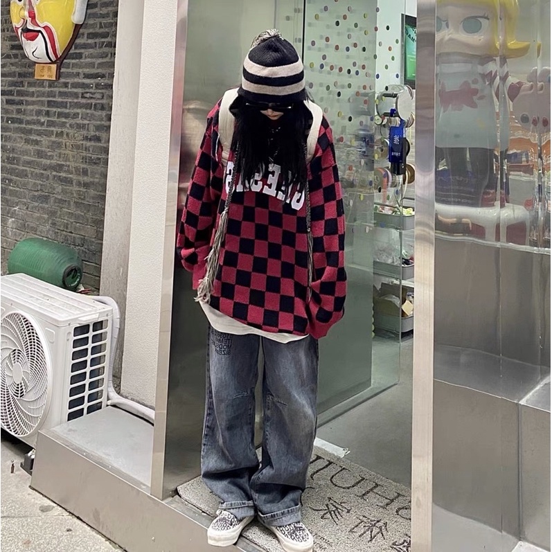 Áo len hoạ tiết bàn cờ hot tiktok douyin ulzzang