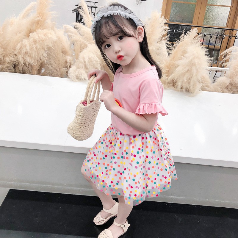 Set áo phông, thun và chân váy chất cotton hoạt tiết CHẤM BI dễ thương cho bé QATE13