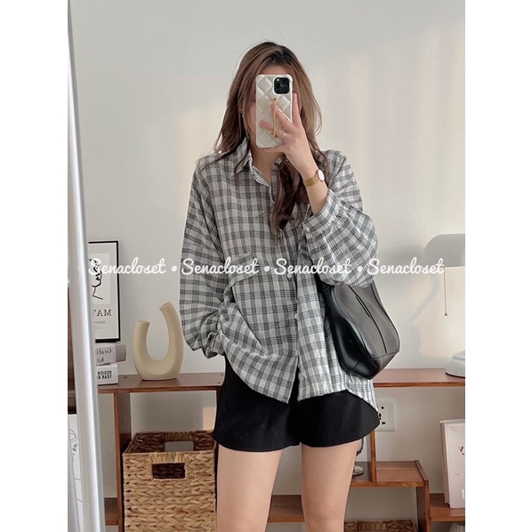 Áo sơmi sọc caro 2 màu form rộng oversize tay bo (Ảnh thật/Video)
