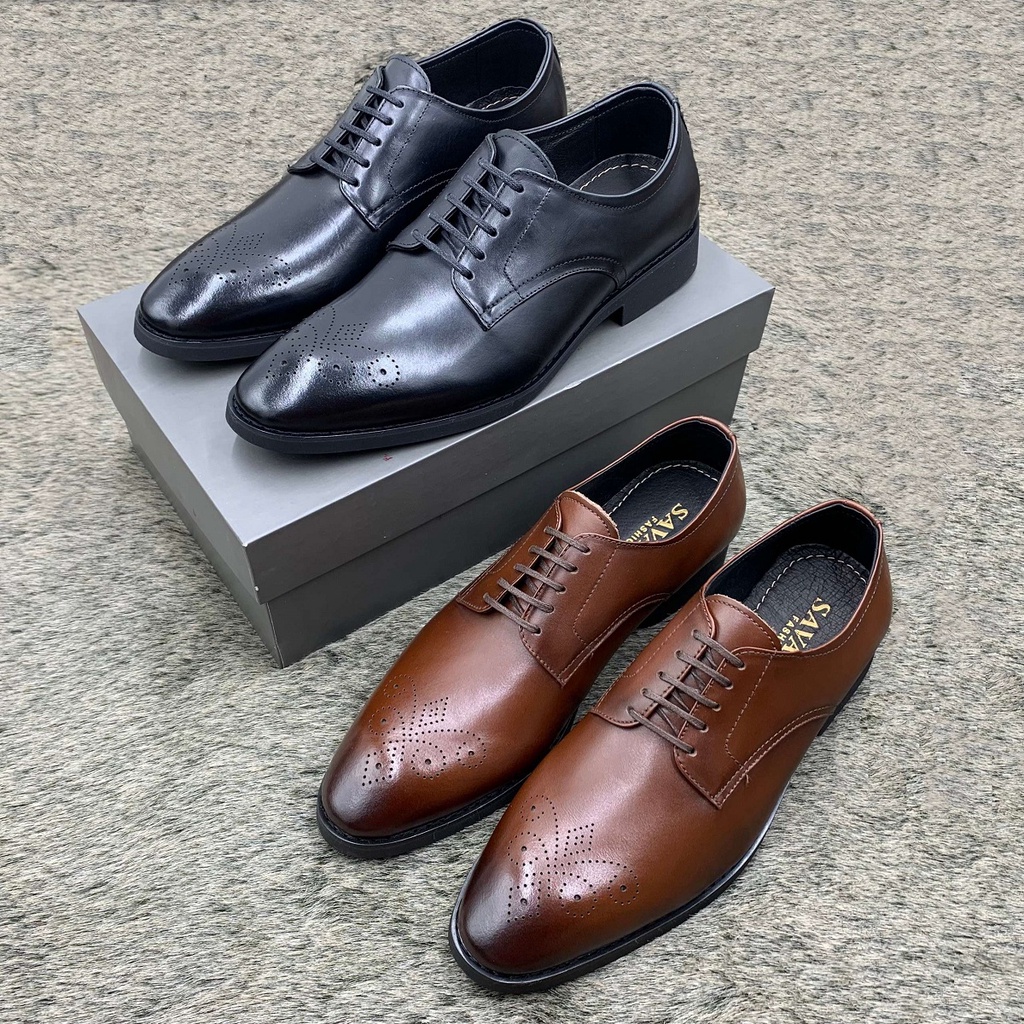 Giầy oxford da bò đục lỗ hoa văn trang trí, giầy công sở buộc dây (NH013) Đen và Nâu