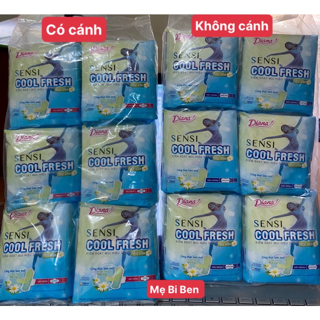 (HOA CÚC) Băng Vệ Sinh Diana Sensi Cool Fresh Hoa Cúc Mát Dịu Siêu Mỏng Cánh/Không gói 8 miếng mặt bông - Chính Hãng