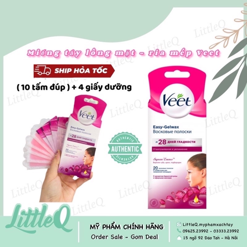 [Sẵn - CÓ CHE TÊN] Tẩy lông mặt Veet, Wax Ria Mép, Miếng dán wax lông Veet cho mặt, hộp 20 miếng tặng 4 gói giấy dưỡng