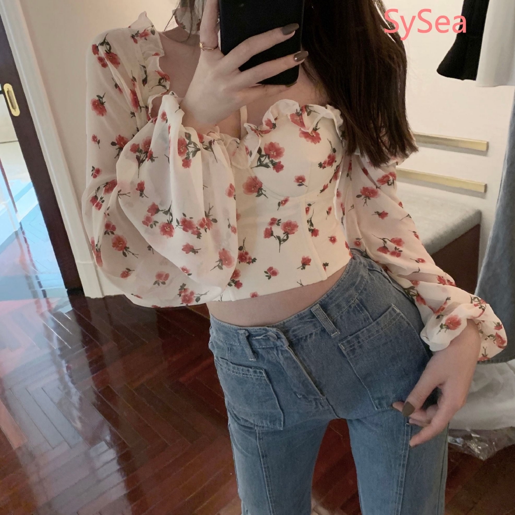 Áo Sơ Mi Croptop Tay Dài In Hoa Kiểu Hàn Quốc Xinh Xắn Cho Nữ