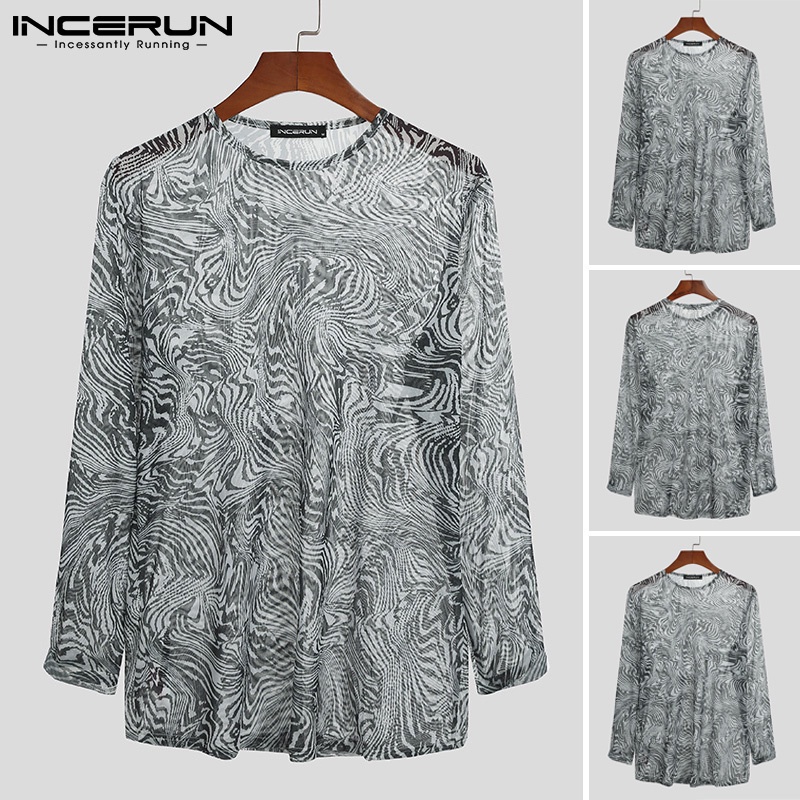 Áo Thun INCERUN Dáng Ôm Vừa Vặn Dài Tay Vải Lưới Mỏng In Họa Tiết Xuyên Thấu Thời Trang Cho Nam
