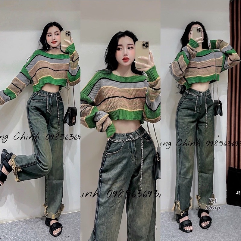 Áo len phối xanh croptop dài tay thu đông dáng rộng