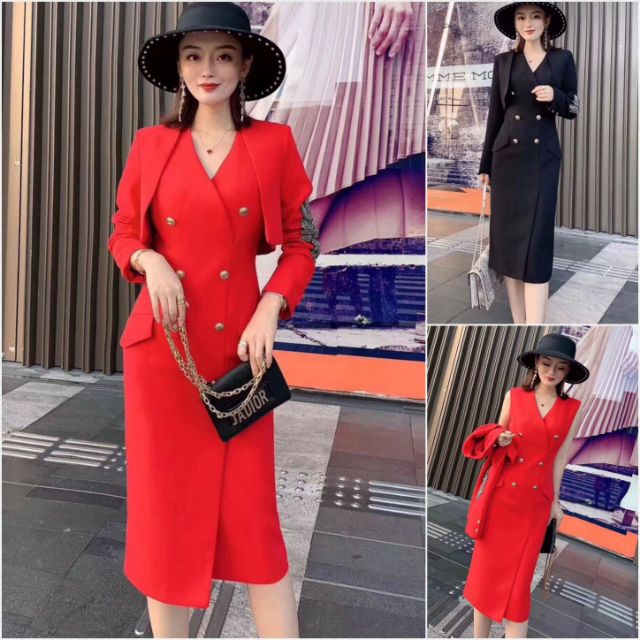 Hàng nhập - Đầm dáng ôm 6 nút + Áo khoác