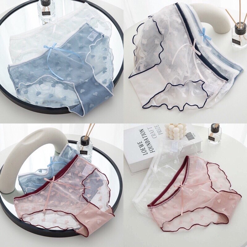 Quần lót nữ ren lưới thêu tim sexy quyến rũ viền may bo gợi cảm size L XL bigsize T31