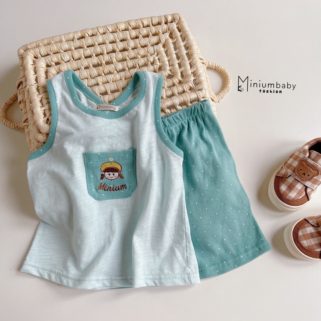 Bộ quần áo thiết kế 2 cotton dây cho bé gái phối túi thêu xinh xắn, miniumbabyfashion SB1226, bộ không tay hè
