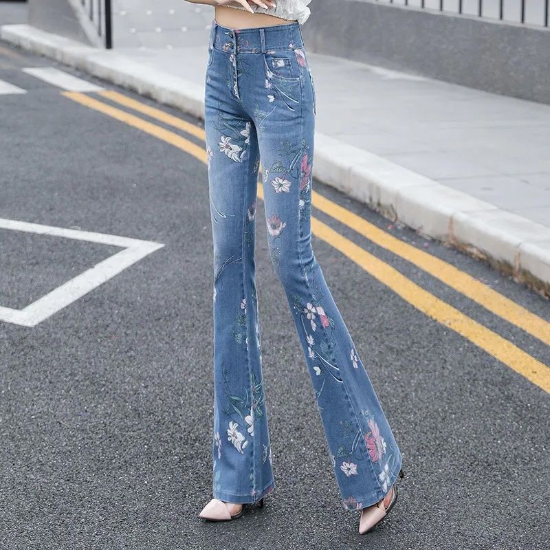 Quần jeans denim Ống Loe Dài Lưng Cao Co Giãn Mẫu Mới 2022 Thời Trang Xuân Thu Cho Nữ